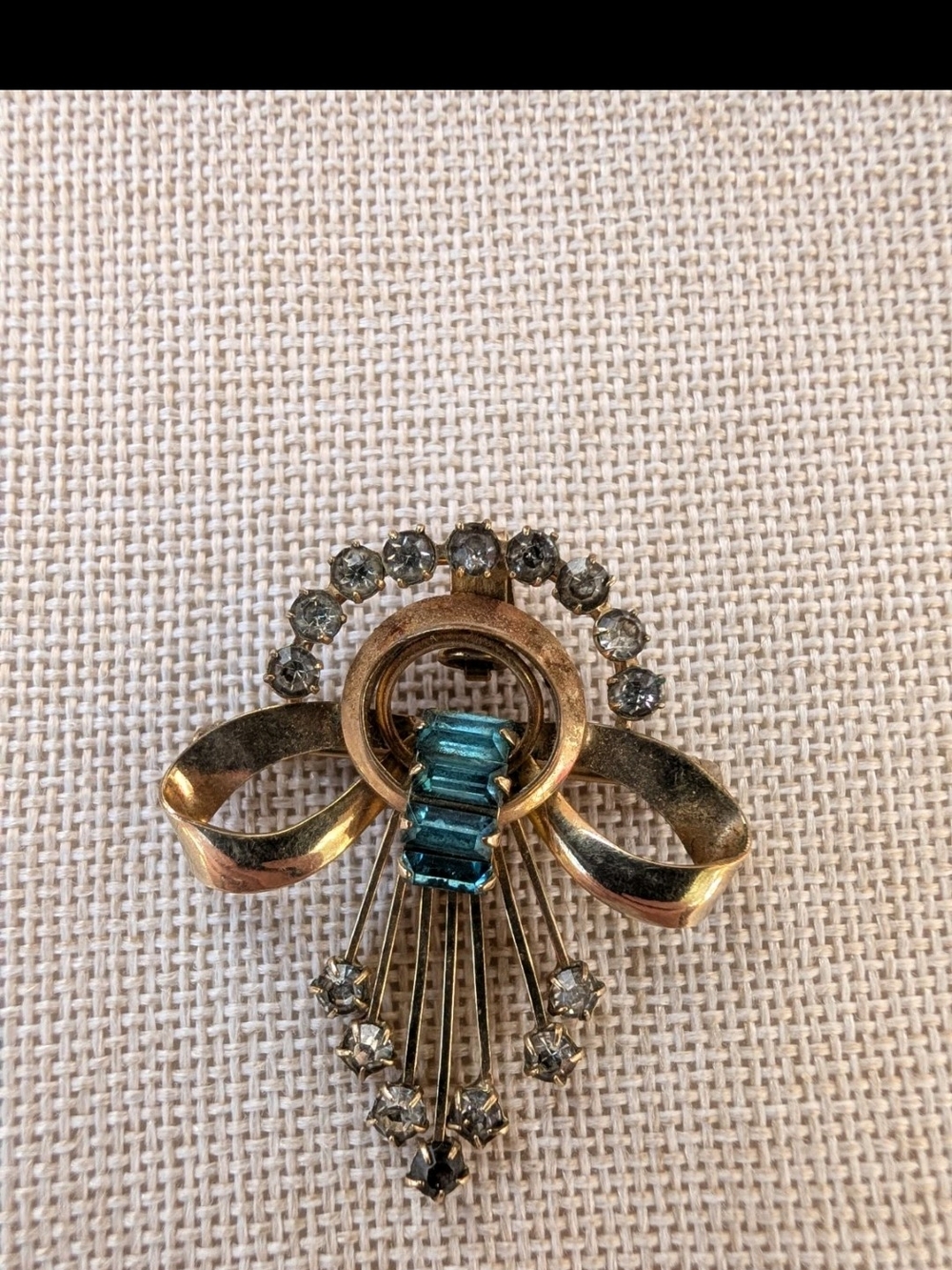 Gold-Tone Bow Brooch with Blue and Clear Crystals